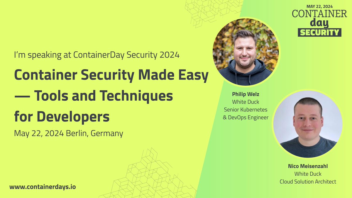 Our #CloudNative experts @philwelz and @nmeisenzahl look forward to May and Container Days in Berlin 🎉 The first speakers have been announced! Stay tuned for more details and a detailed agenda: buff.ly/4cnbCX8 #CDsecurity #security #Container @ConDaysEU