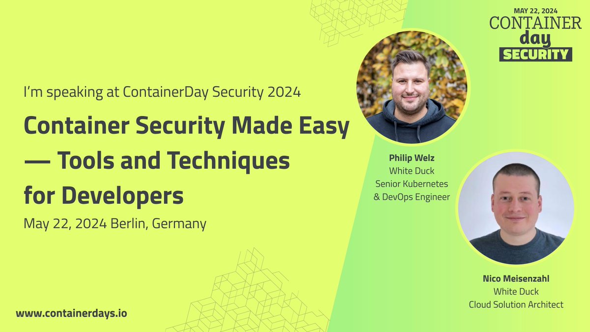 Our #CloudNative experts @philwelz and @nmeisenzahl look forward to May and Container Days in Berlin 🎉
The first speakers have been announced! Stay tuned for more details and a detailed agenda: buff.ly/4cnbCX8

#CDsecurity #security #Container @ConDaysEU