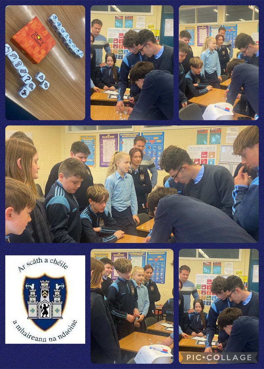 Some of our 5th Year English students were tasked with composing a short story using story cubes as part of a creative writing workshop. They taught the 1st Year English classes how to use the cubes and read their stories to the 1st years #peerlearning