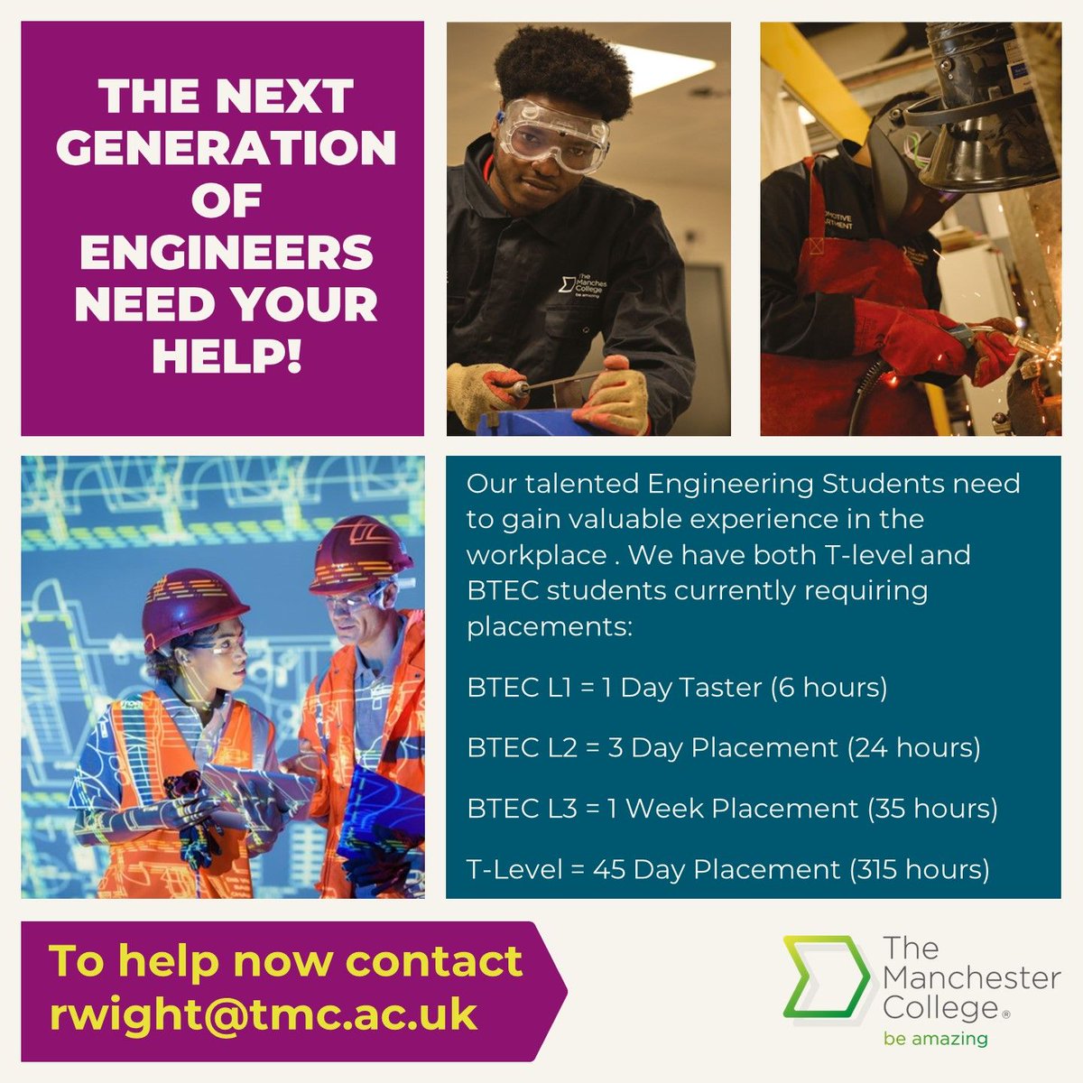 WorkReadyTMC's tweet image. Can you Help ? Our Engineering students come from all over Greater Manchester and are ready and waiting for you to assist them taking the next step in their careers.

#Workexperience
#Employability
#Investinginthefuture
#Engineering