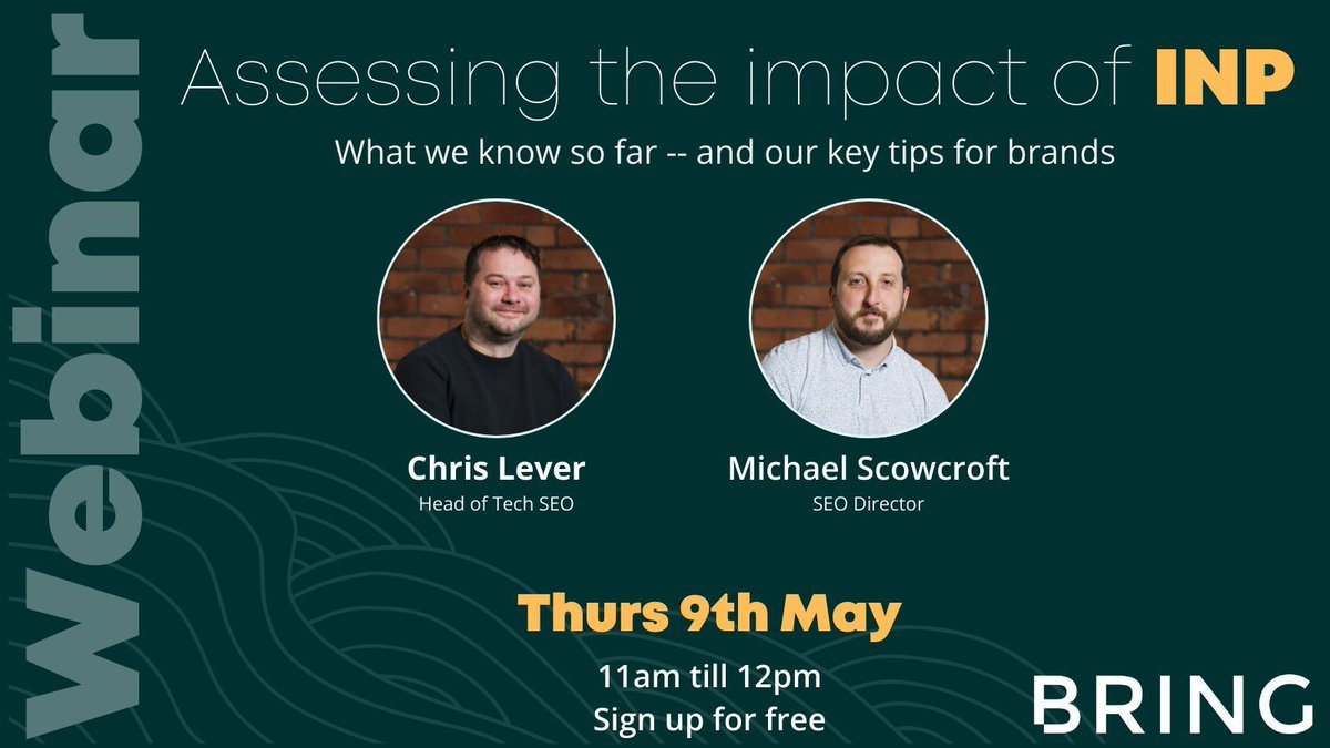 💻 Webinar: How is INP affecting your web traffic?

Join our Head of Tech SEO, Chris Lever, and our SEO Director, Michael Scowcroft, at 11am on 9th May for a free webinar on how INP could be impacting your site 🤔 

Sign up here: buff.ly/3VWqHte