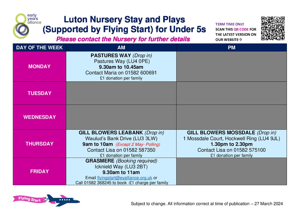 OUR USUAL TIMETABLE RESUMES NEXT WEEK! Find the latest version here: flyingstartluton.com/whats-on-for-p… We won't be running the Monday 15th MORNING sessions due to staff training. We will also be shut Bank Holiday Monday (6th May) and certain sessions cancelled on 2nd May due to Polling!