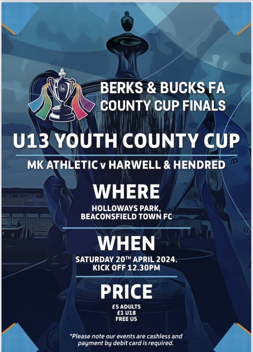 Saturday 20th April sees us head back to @BeaconsfieldFC to find the winners of the U12 & U13 Youth Cup. Good luck to @EPCDev Marlow Youth, MK Athletic & @harwellhendred