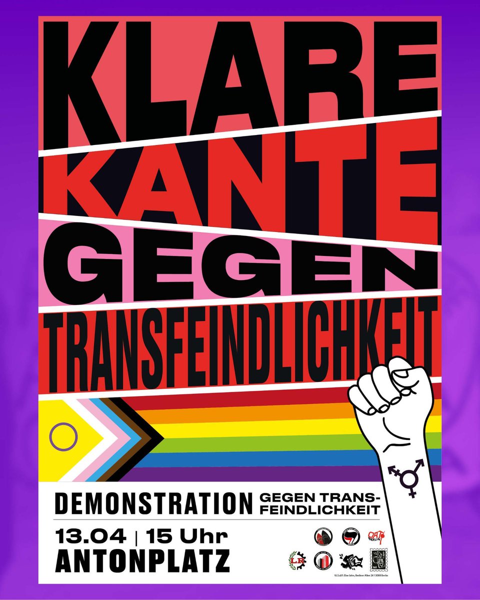 ℹ️Auf der Demo „Klare Kante gegen #Transfeindlichkeit' am Samstag wird es einen kämpferischen Front-Block nur für Transgender-, Intergeschlechtliche-, Nicht-Binare-, Agender-Personen, Lesben, Frauen & Mädchen geben. Hinter dem Lauti-Wagen gibt es einen All-Gender Block. #B1304
