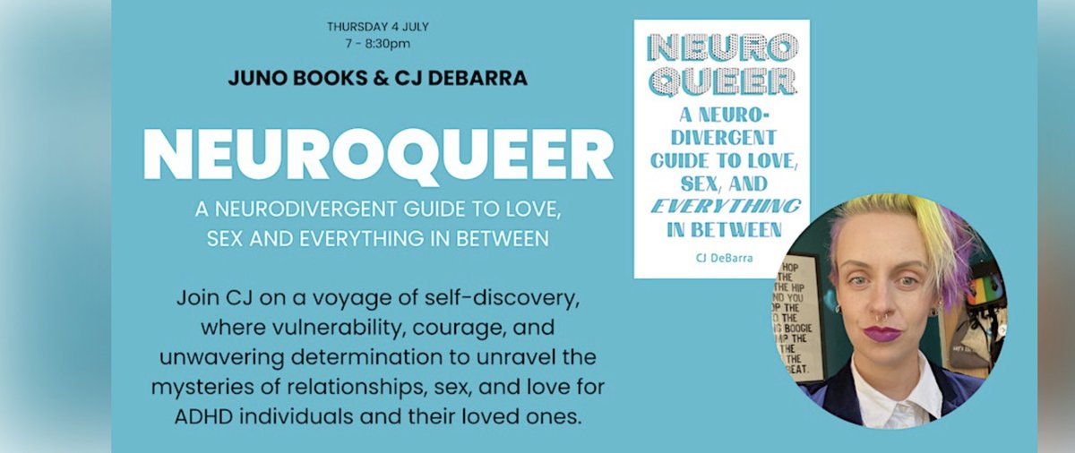 Sheffield! I'm coming your direction for a book thing. Tickets have just on sale for a Neuroqueer event at the wonderful Juno Books! The event is on the 4th of July ❤️🏳️‍⚧️🏳️‍🌈 Please come and join me eventbrite.co.uk/e/cj-debarra-n… #ADHD #Neurodivergent