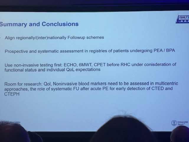 <a href="/IsaOpitz/">Isabelle Opitz</a> on f/u. Persistent PH after PEA common (25%), PVR&gt;5 a/w worse survival. Re-assess at 3-6 mo, RHC needed. Target FC I-II &amp; normalize resting hemodynamics. Need for standardized f/u schemes. Echo/ NTproBNP (&gt;300) at 6mo may help (some missed cases), early data on microRNA
