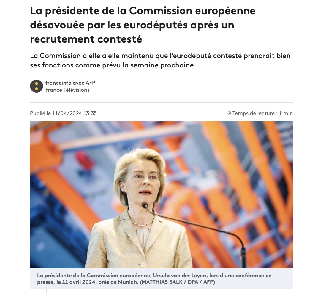 Ursula von der Leyen désavouée par le Parlement européen ! Les députés européens ont adopté un amendement (382 voix pour, 144 contre et 80 abstentions) appelant à annuler la nomination au salaire important de son ami Markus Pieper. Il aurait été trop beau qu'Union européenne…