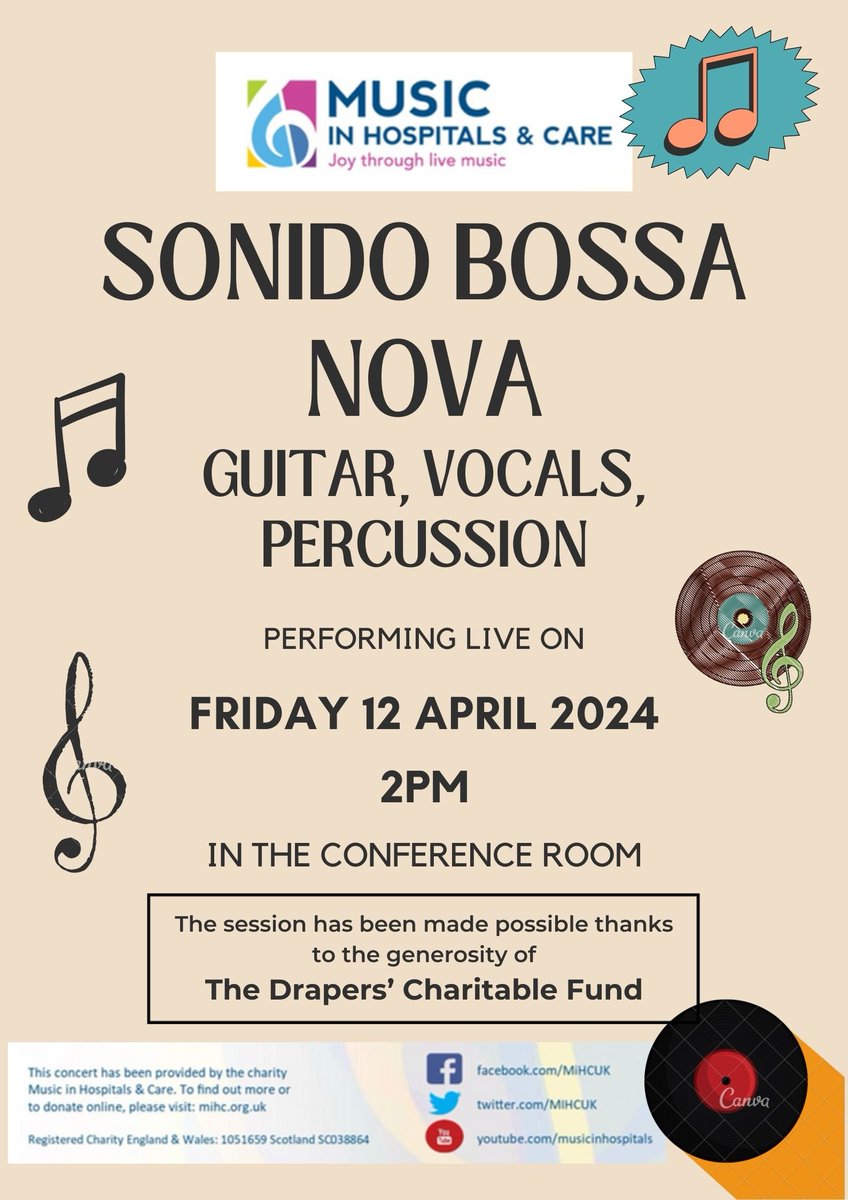 Free gig today at Newham Centre for Mental Health! Come and experience the sounds of Sonido Bosso Nova in the conference room at 2pm, thanks to Music in Hospitals. Patients and staff welcome @Bailey_NHS @NHS_ELFT