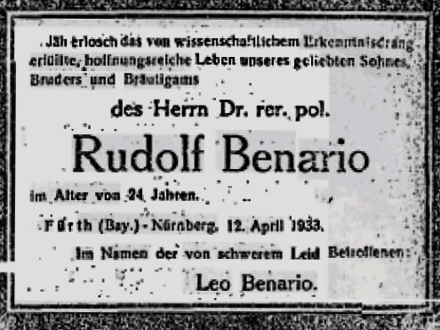 Todesanzeige Benarios, Fürther Tagblatt, 18. April 1933.