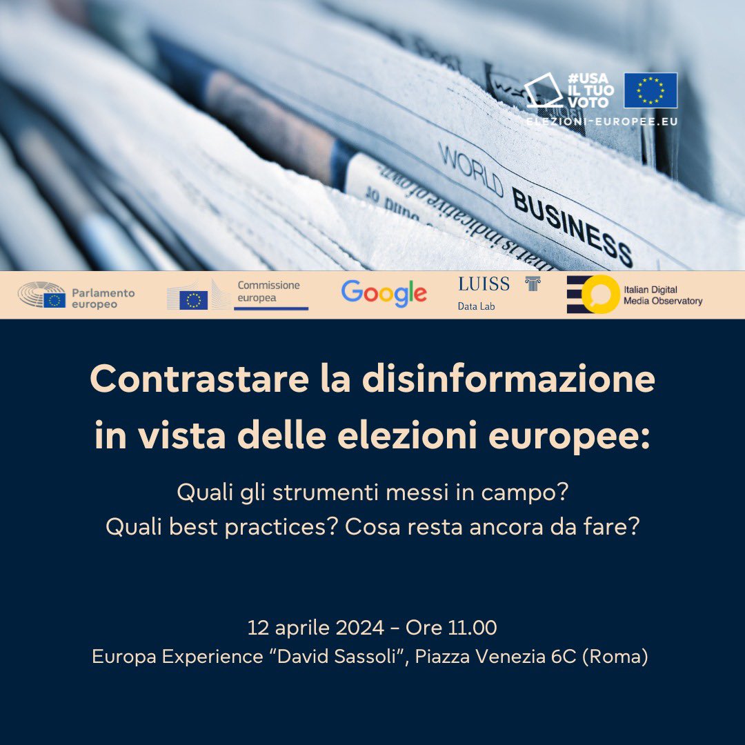 🗞️ “Contrastare la disinformazione in vista delle elezioni europee” 📆 oggi dalle 11.00 a #EuropaExperience 🎙️con @GiorgiaAbeltino @Google @riotta @LuissDataLab @giorgioventre @sara_zanotelli Alessandra Paradisi Segui la diretta ⤵️ youtube.com/live/9F7qR1QDZ… #UsaIlTuoVoto