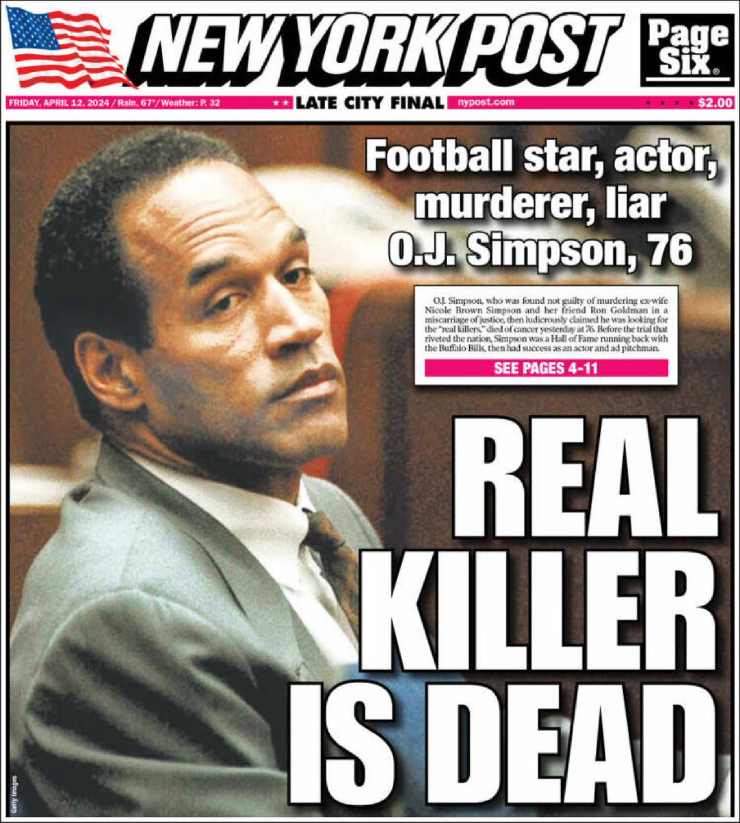 🇺🇸 Real Killer Is Dead

▫OJ Simpson dead at 76 after cancer battle
▫@lawful_land @emicrane
▫is.gd/jqc82j

#frontpagestoday #USA @nypost 🇺🇸