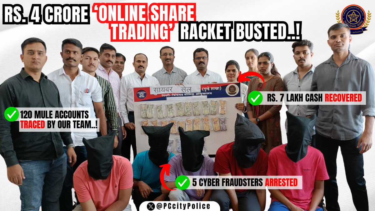 In one of the most significant breakthroughs in the rampant Online Share Trading Scams running across the country, Cyber Team of Pimpri Chinchwad Police has busted a racket with International Links.. 🔴Estimated Scam Value: Rs. 4 Crore 🔴Arrested : 5 Accused 🔴Cash Seized : Rs.