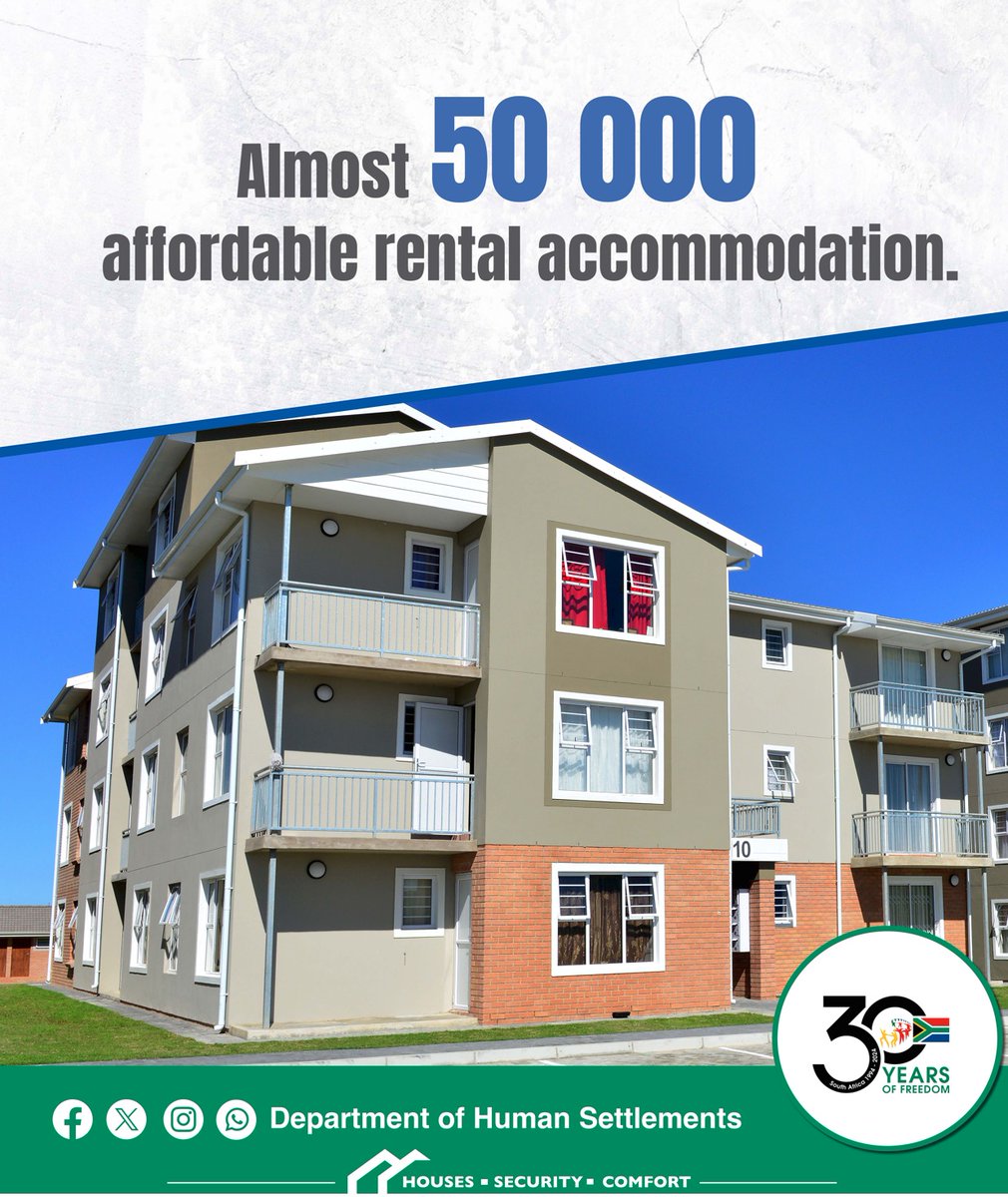 As we celebrate #30YearsofFreedom. @SHRA_Online an agency of the Department of Human Settlements, has delivered almost 50 000 affordable rental accommodation. We are restoring dignity and building communities.

#HousingTheNation #LeavingNoOneBehind #FreedomMonth2024