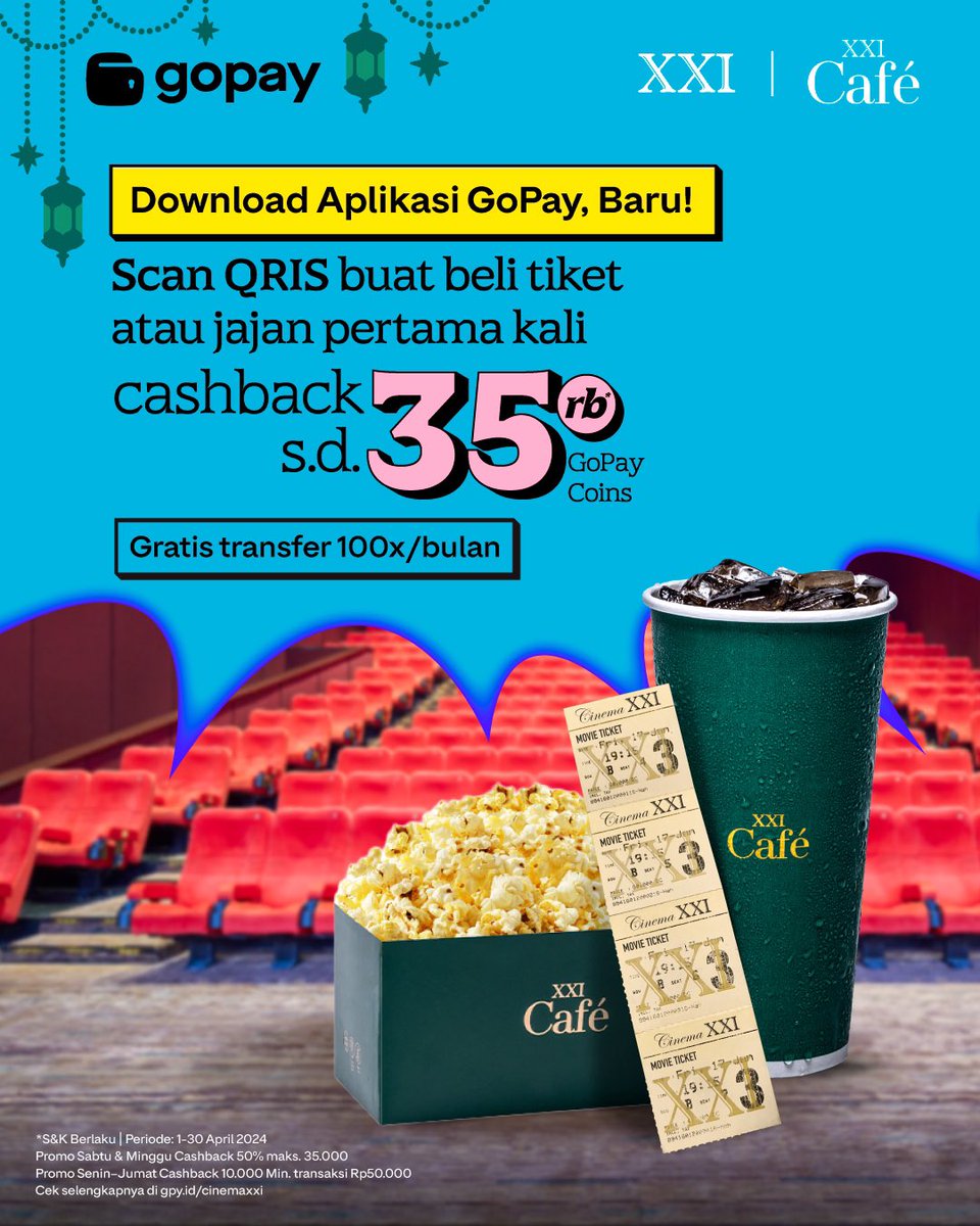 Btw udah pernah cobain beli tiket XXI atau snack di XXI Cafe pake aplikasi GoPay belom?
Lagi ada cashback up to 35rb tuh untuk transaksi pertama kali.
Mayan banget kan jadi lebih hemat buat marathon film horror terbaru.

Promonya berlaku dari tanggal 1 Maret sampai 31 Mei 2024
