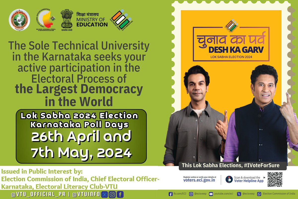 @ugc_india @ECISVEEP @ceo_karnataka Election Awareness Campaign for the #ChunavKaParv Lok Sabha 2024 Elections by Electoral Literacy Club-VTU. #LokSabhaElections2024