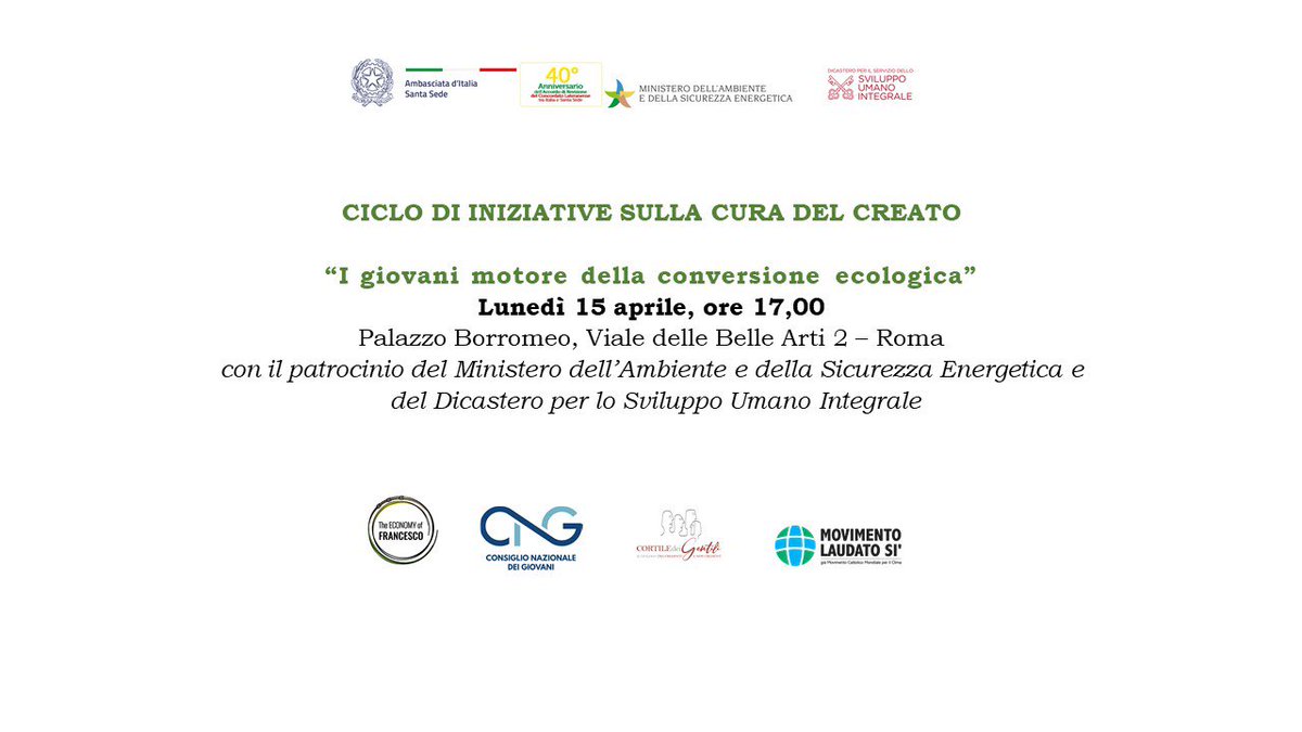 🗓️ Lunedì 15 aprile, ore 17, Palazzo Borromeo ospita “I giovani motore della conversione ecologica” con patrocinio @MASE_IT @VaticanIHD Per maggiori informazioni sugli ospiti e sulla partecipazione all’evento ➡️ ambsantasedevaticano.esteri.it/it/news/dall_a…