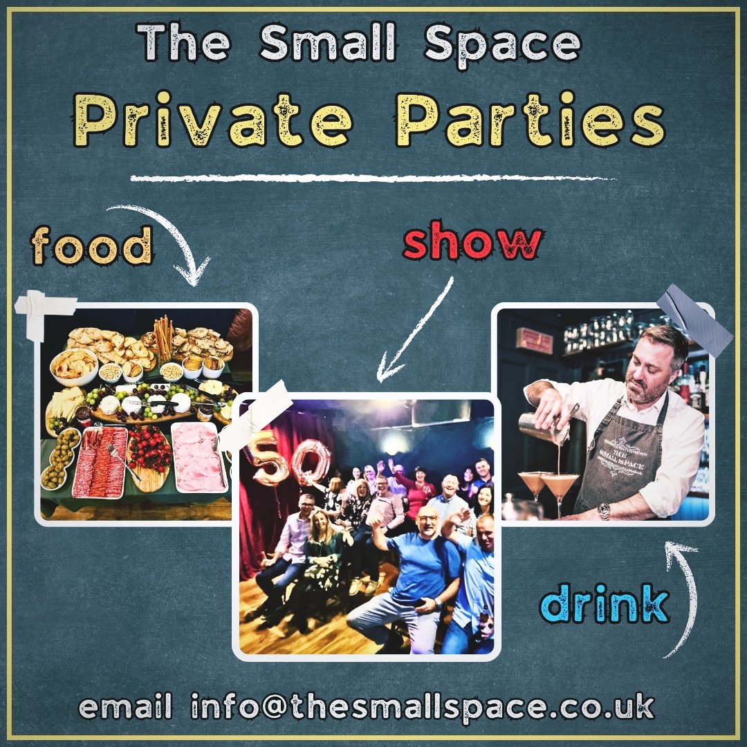 Private parties for up to 26 @ Wales' No.1 Nightlife Venue. Artisan buffet, cocktails, drinks AND a show, incredible value email info@thesmallspace.co.uk

#theatre #magic #comedy #liveentertainment #Barry #cardiff #whatsoncardiff #supportlocal #privateparty #partyvenue #cocktails