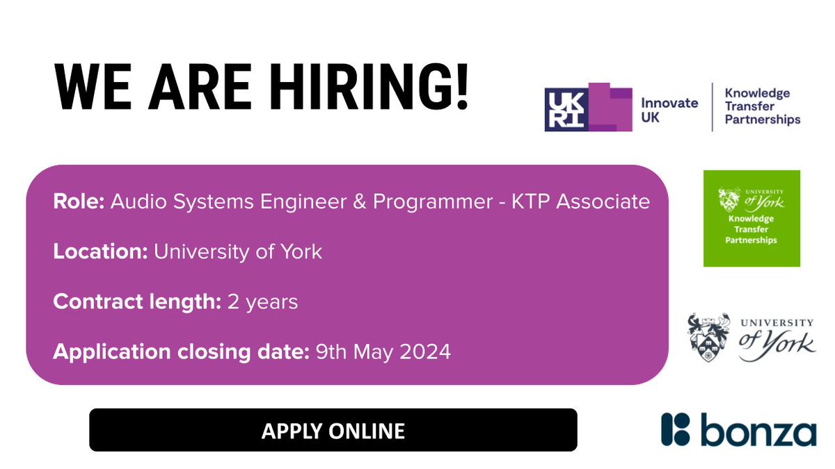 We are recruiting for a Audio Systems Engineer & Programmer - KTP Associate, for our exciting new Knowledge Transfer Partnership with Bonza Music Ltd. You can apply on the University of York website, using the following link: jobs.york.ac.uk/vacancy/audio-…