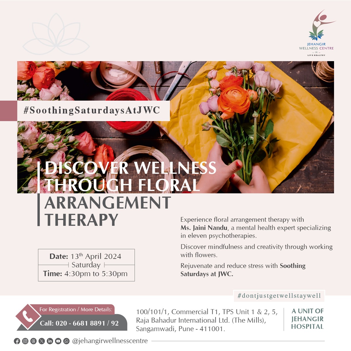 Unwind and explore wellness through the art of floral arrangement therapy at Jehangir Wellness Centre this Saturday, April 13th, 2024, from 4:30 pm to 5:30 pm. Join Ms. Jaini Nandu, a seasoned mental health expert
#floralarrangementtherapy #JehangirWellnessCentre #mentalhealth
