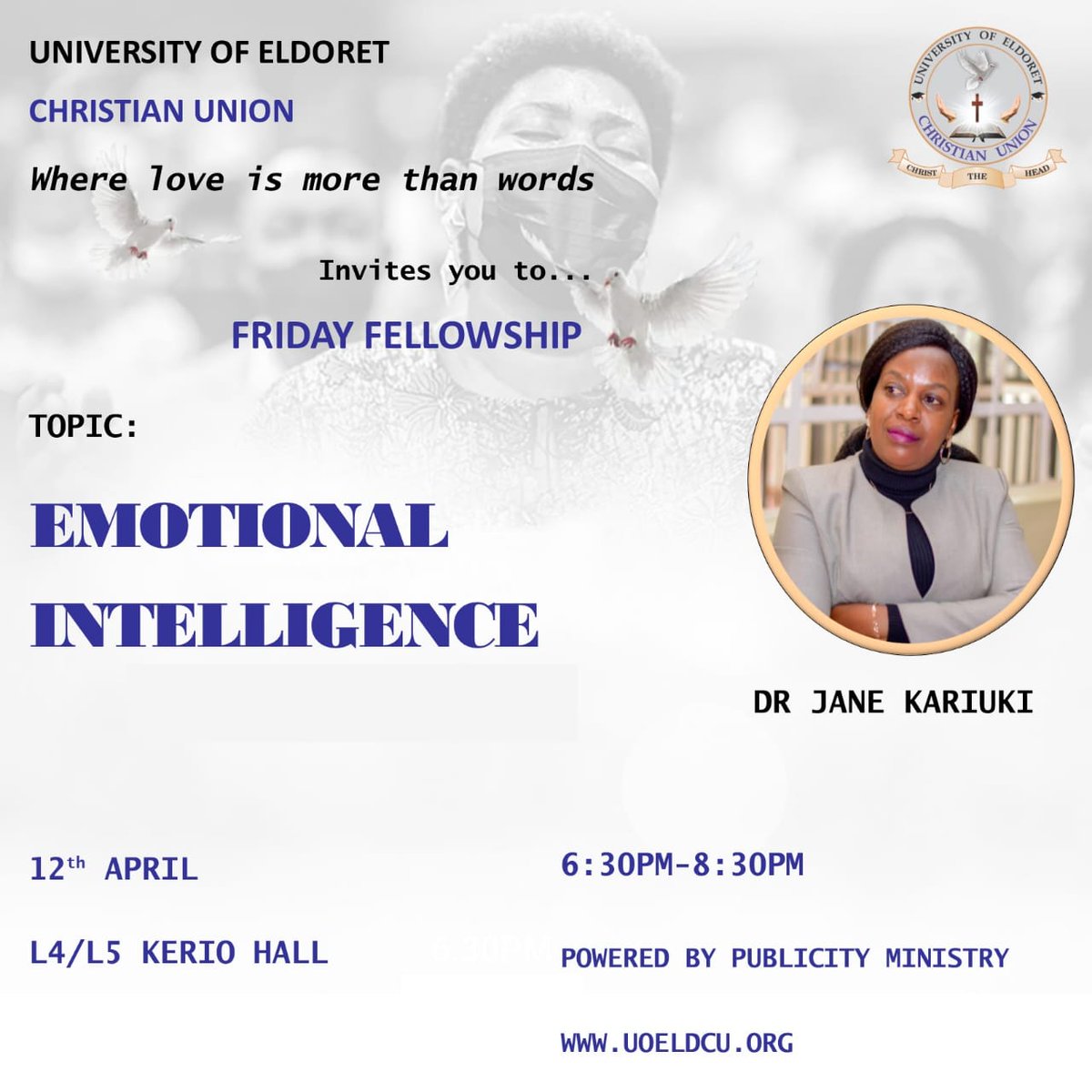 uoecu_org's tweet photo. Dr. Jane Kariuki, founder of Acacia School will be ministering in UoECU on the topic 'Emotional Intelligence' today Friday, 12th April, 2024 from 6:45 pm to 8:30 pm at Kerio Hall L4/5. You can't afford to miss this✨Please note that all services are live streamed on the internet. https://t.co/vrwfpeFqzf
