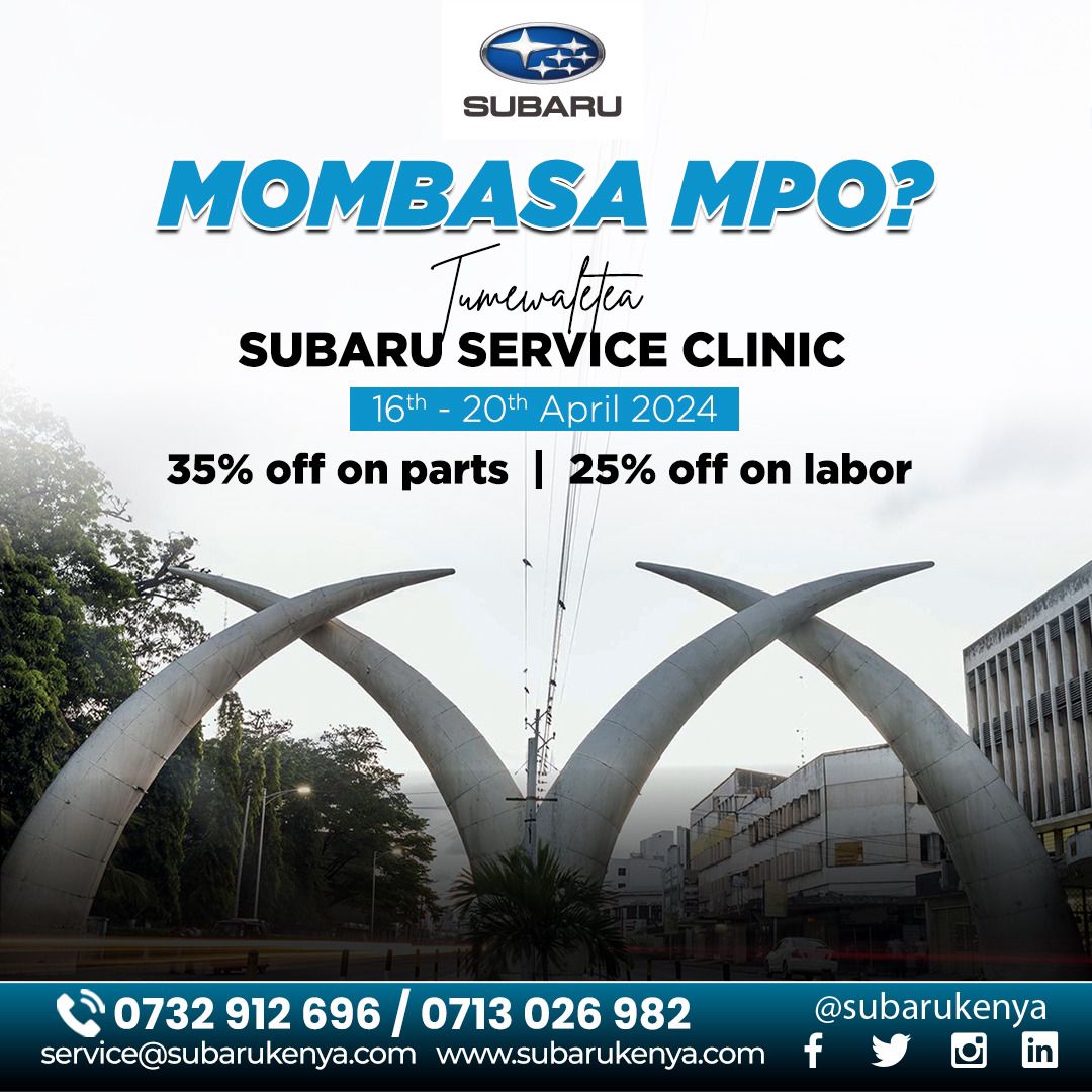 SP: SP: Celebrate Post Ramadan with Savings! Subaru Service Clinic (April 16th-20th) Mark your calendars, Mombasa Subaru owners! We're hosting a special Service Clinic at ORIEL Mombasa, Nyali branch from April 16th to 20th, offering incredible discounts to keep your Subaru…