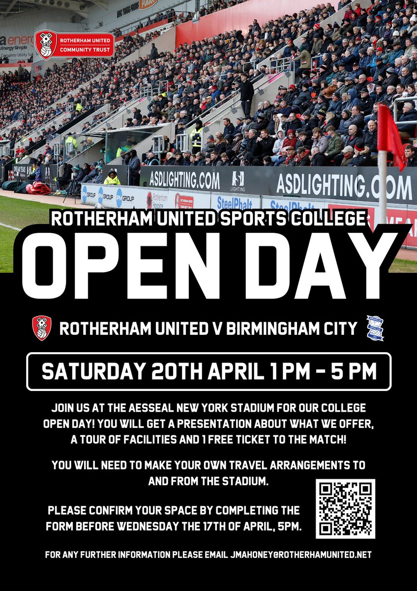 EDUCATION | Join us for our Open Day on a match day!⚽🙌 Rotherham United Sports College are offering the unique experience to join us on a match day to learn about what our college offers, to tour our facilities and to get a FREE ticket to the RUFC v Birmingham City match!