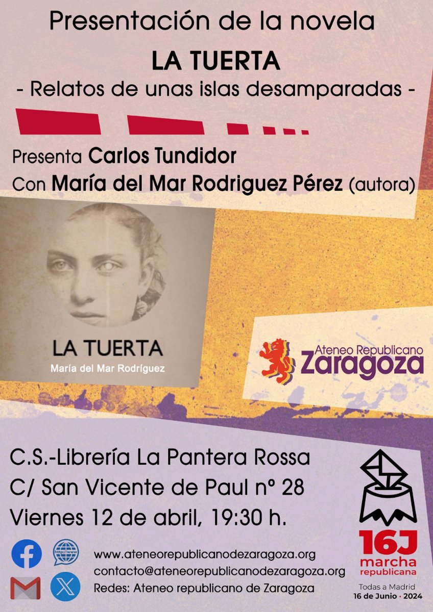 AGENDA | Este viernes, tercera cita con las Jornadas Culturales Republicanas del @AteneRepubliZGZ. A las 19.30 en @LaPanteraRossa, presentación de la novela 'La tuerta' a cargo de su autora María del Mar Rodríguez: arainfo.org/jornadas-cultu…