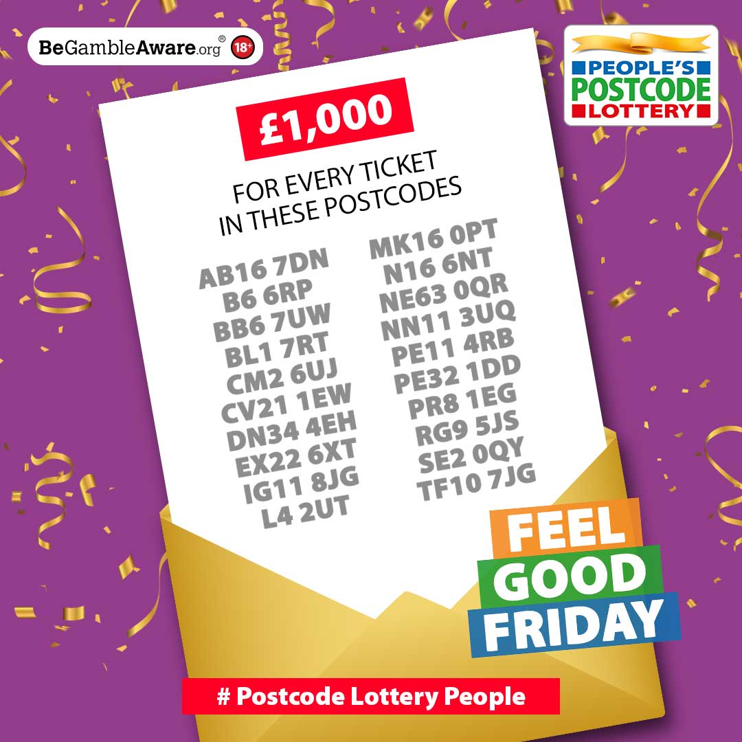 And breathe… Friday has arrived! And it’s brought a friend – our #DailyPrize! Ready to find out the £1000 winners in our TWENTY lucky postcodes?

Here’s to the weekend, #PostcodeLotteryPeople! #Friyay 😆🥳

postcodelottery.co.uk/lottery-result…
