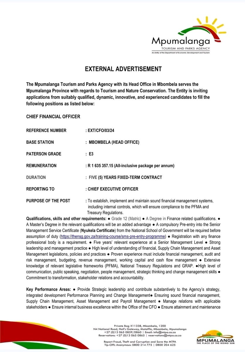 Mpumalanga Tourism and Parks Agency Chief Financial Officer Senior Manager Supply Chain Management Senior Manager: Hospitality Service Management Senior Manager: Human Resources Management and Development Senior Manager Convention Bureau