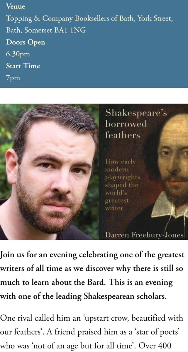 I am so looking forward to speaking about SHAKESPEARE'S BORROWED FEATHERS @ToppingsBath in October! Tickets available here: toppingbooks.co.uk/events/bath/da…