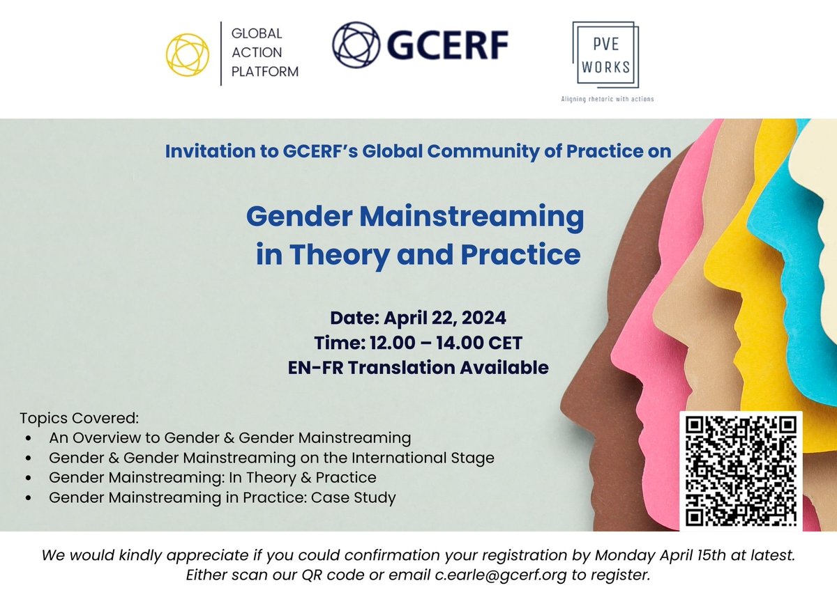 📢 Join GCERF for an interesting online session on #gender Mainstreaming! As part of GCERF's Global Community of Practice, we're pleased to invite you to delve into the theory and practice of Gender Mainstreaming. 🗓️ April 22, 2024 🕛 12:00 - 14:00 CET shorturl.at/duyOS