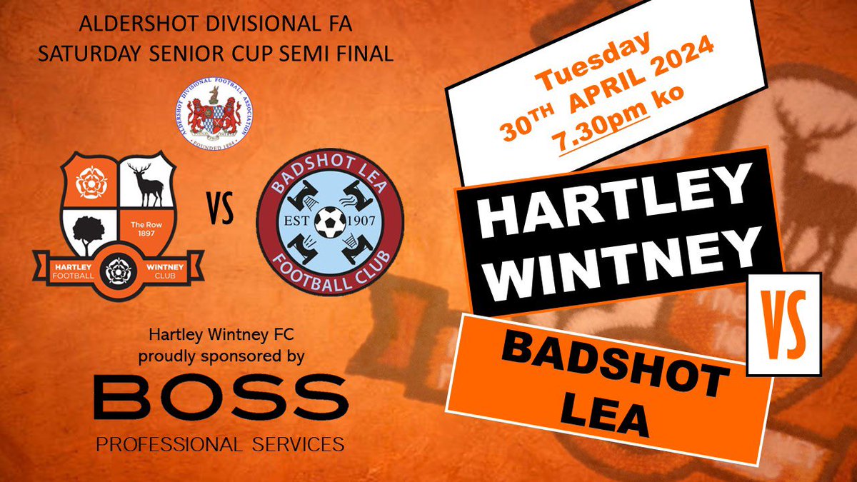 Diaries out people, make a note… 🏆 @ADFACups Saturday Senior Cup semi final @HartleyFC vs @BLFC1907 🗓️Tuesday 30th April 📍RG27 8DL 🕢7.30pm ko A tough tie against the current holders awaits The Row and the winners will face Westfield in the final on 7th May. #UTR🧡