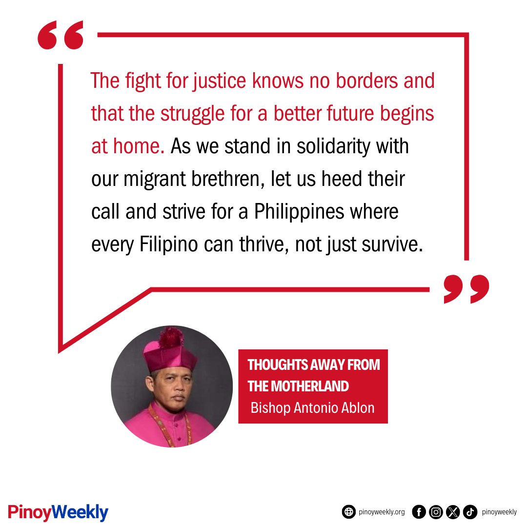 Their departure is not solely a matter of personal choice; it is often a response to the exploitative mechanisms perpetuated by the Philippine government’s neoliberal labor export program. Read Bp. Antonio Ablon's column: tinyurl.com/25b5hfuf 🔗