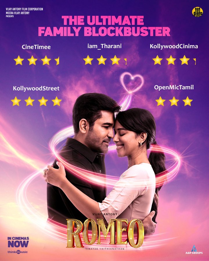 Stars are the new hearts for #Romeo🌹✨ Experience the Rom-com blockbuster that's earning acclaim💖 🎟 tr.ee/dtK9l_VZjT #RomeoRunningSuccessfully💥 @RedGiantMovies_ @aandpgroups @vijayantony @mirnaliniravi @actorvinayak_v #BarathDhanasekar @kav_pandian @ProRekha