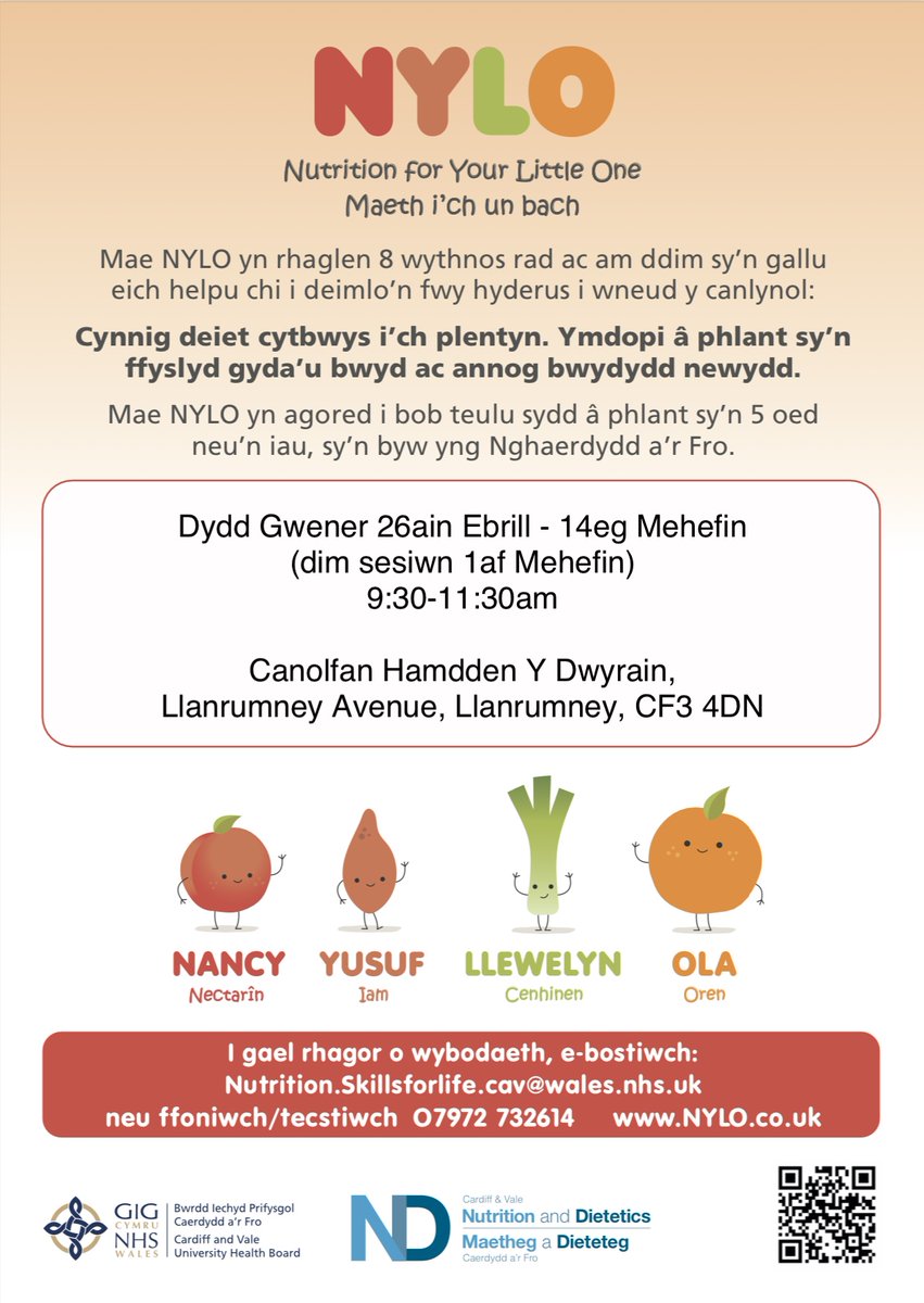 Our early years team will be delivering the NYLO programme throughout Cardiff.  A free programme that can help you feel more confident to provide a balanced diet for your child and help them to be a healthy weight. See posters for more details @cav_dietetics @C_Fulthorpe