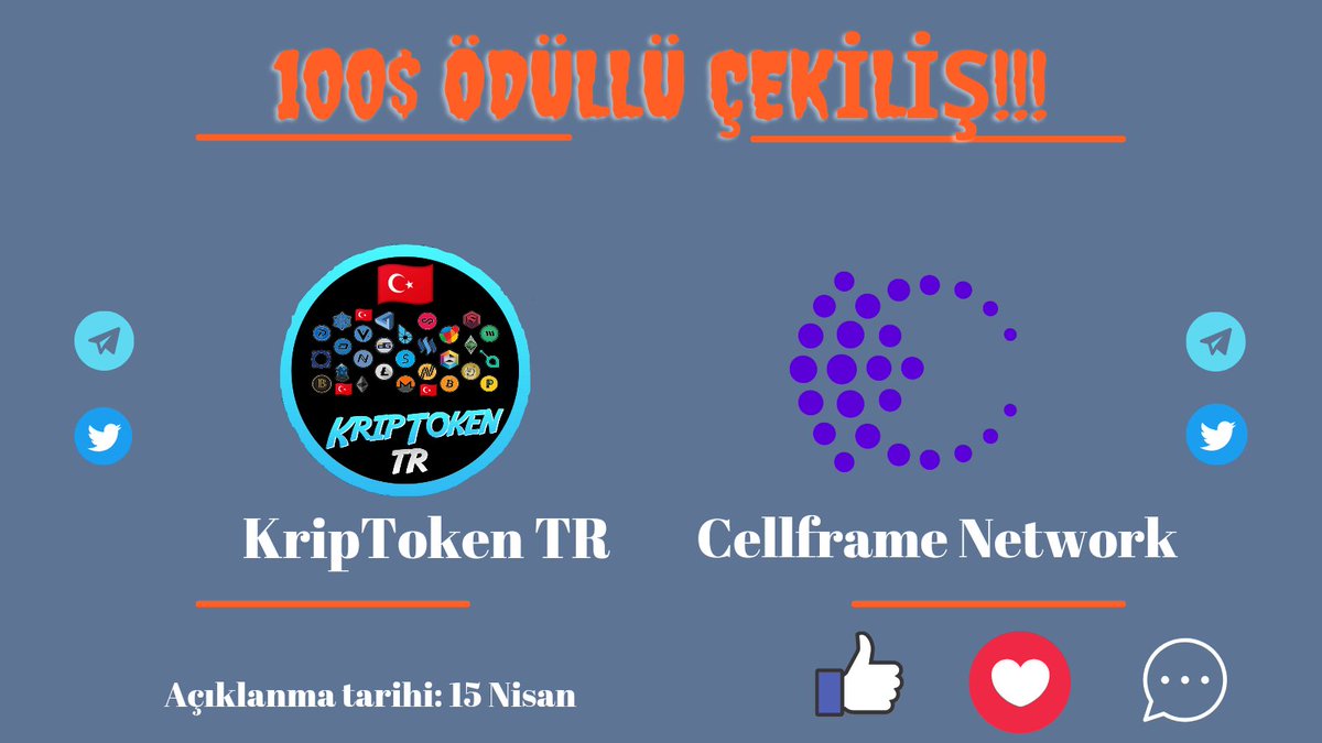 🚨 🎁 KripToken TR #Cellframenetwork sponsorlu Özel #Çekiliş ! 👀 🟢 4 takipçimize toplamda 100$ USDT hediye! 🔥🤑 1️⃣ Takip: @KripTokenTurkey+ @cellframenet 2️⃣ RT & Like 3️⃣ Telegrama katıl : ⛔ t.me/KripTokenTurkey ⛔ t.me/CellframeTurki… #Giveaways #BTC  #ETH