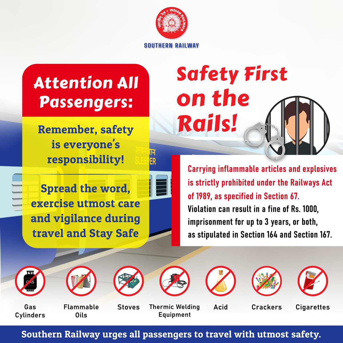 Safety is paramount on #IndianRailways! 

🚂 Spread awareness and prioritize vigilance during travel. Stay safe, stay informed. 

 #SafetyFirst #SouthernRailway #RailwaySafety #BeCautious #PrioritizeYourSafety