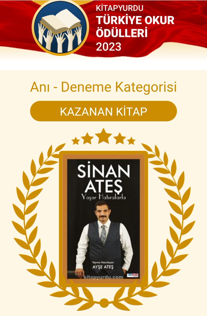 Değerli Dost ve Kıymetli Okuyucu, Verdiğiniz destek sayesinde #SinanAteşYaşarHatıralarla kitabımız Türkiye Okur Ödülleri oylamasında birinci olmuştur. TEŞEKKÜRLER... #SinanAteşİçinAdalet