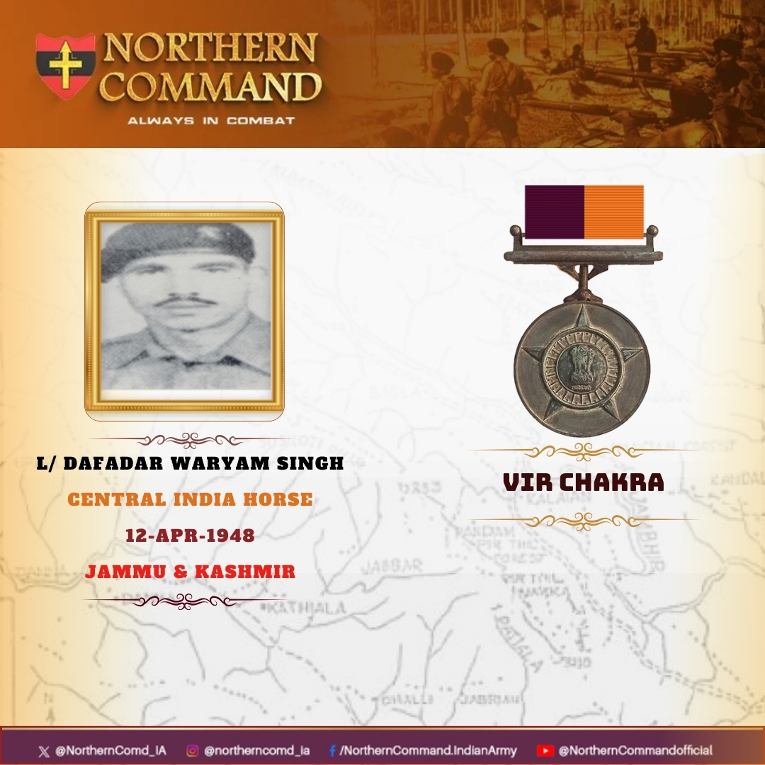 12 Apr 1948 #JammuAndKashmir During an attack on Barwali Ridge, L/Dfr Waryam Singh volunteered to clear the route for own tank movement under intense enemy fire. He displayed conspicuous courage & successfully completed his mission. Awarded #VirChakra.…