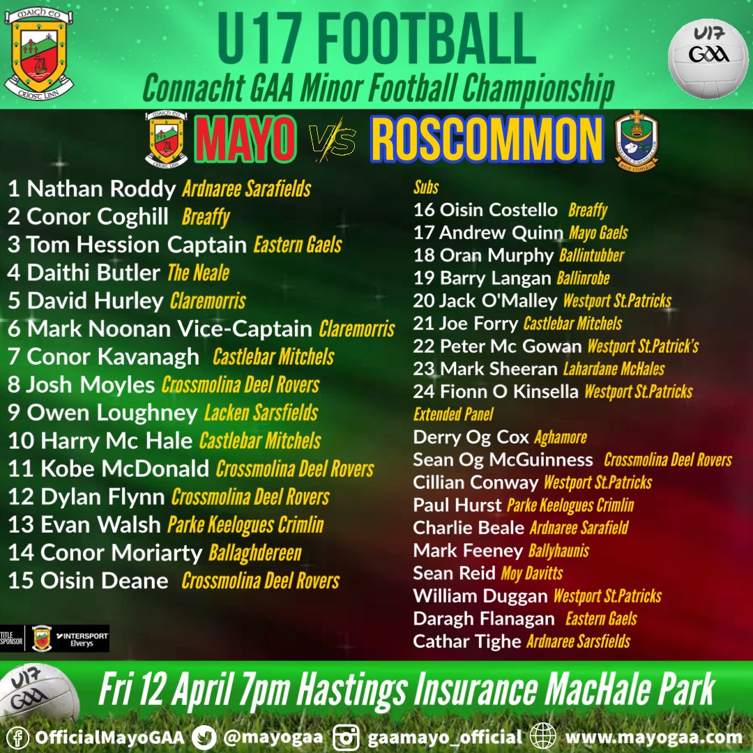 Our U17 Footballers take on Roscommon in the Electric Ireland Connacht GAA U17 Football Championship this evening. Team news here ⬇️ ⬇️ ⬇️ mayogaa.com/2024/04/12/may…