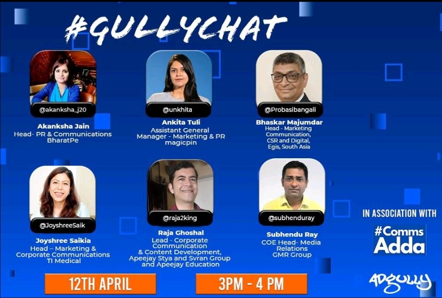 Thank you, @adgully & @bijoyaghosh_ for inviting @CommsAdda members to participate in #GullyChat. This marks our 2nd collaboration with @adgully focusing on industry insights & fostering discussion within the industry @akanksha_j20 @unkhita @JoyshreeSaik @raja2king @mrinall