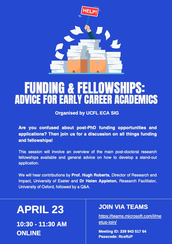 Come along to our next event which is focused on funding and fellowships - April 23rd, 10.30-11.30 - please share widely! All are welcome! @UCFLangs