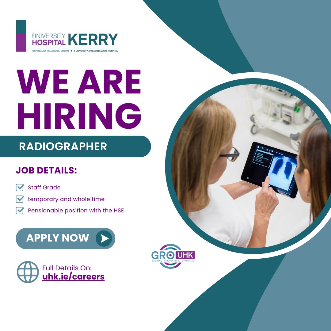Staff Grade Radiographer Opportunity at University Hospital Kerry We're seeking a Radiographer to join our Radiology Department. 🏥 Location: University Hospital Kerry MORE DETAILS: uhk.ie/radiographer/ #PeopleOfUHK #HealthcareJobs