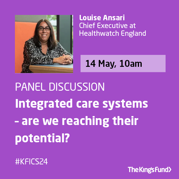 TheKingsFund's tweet photo. At our Integrated care summit we'll hear from Louise Ansari, Chief Executive of @HealthwatchE &amp; @ConfedMatthew Chief Executive of @NHSConfed. They'll be discussing how to realise the full potential of #IntegratedCareSystems. Book your place today. #KFICS24 https://t.co/LUqHrR9900 https://t.co/kpjJgOLHyE