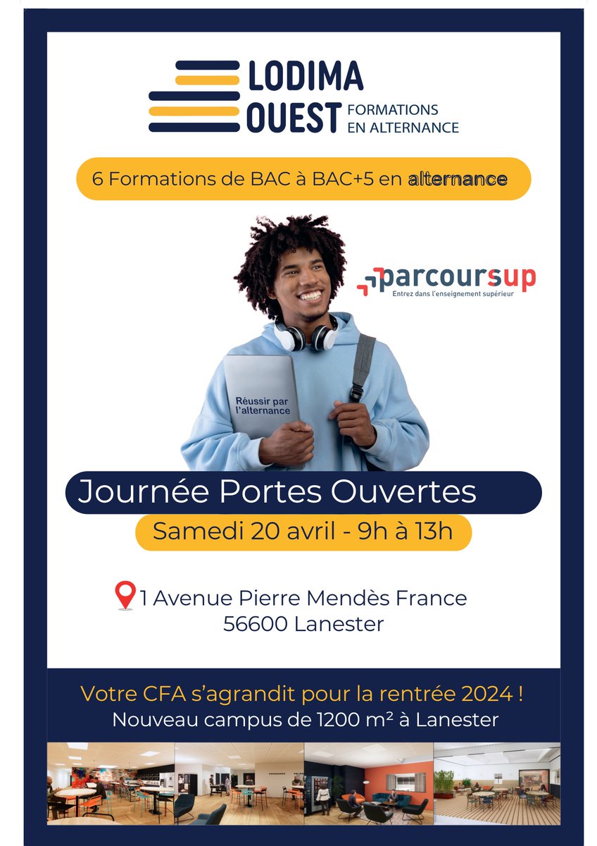 📢Les portes ouvertes CFA Lodima Ouest Lanester !
Du Bac à Bac+5 dans le Commerce, le Marketing ainsi que l'Administratif.
👉Samedi 20 avril 9h00 13h00
Retrouvez toutes leurs formations en alternance :
lodimaouest.com/formations-en-…