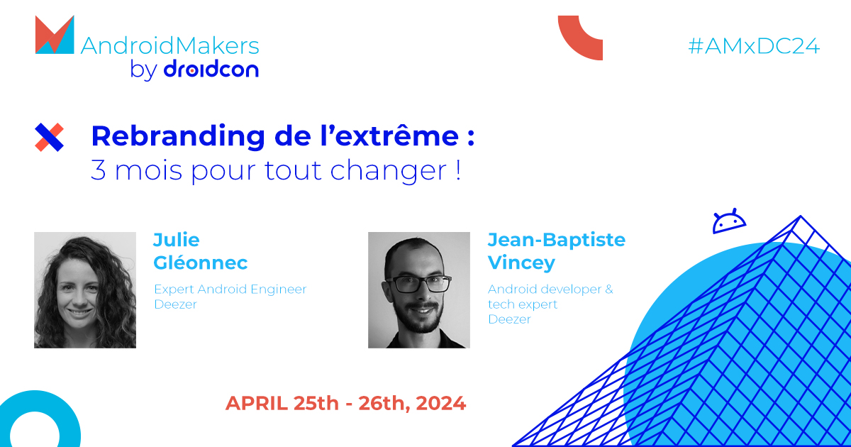 Dynamic duo alert! 🚨 Join forces with @juliegleonnec & @JBVincey 🇫🇷 This #Android session will review their three-month journey of creating their new graphic identity and how they met this colourful challenge. Full abstract here: androidmakers.droidcon.com/jean-baptiste-…