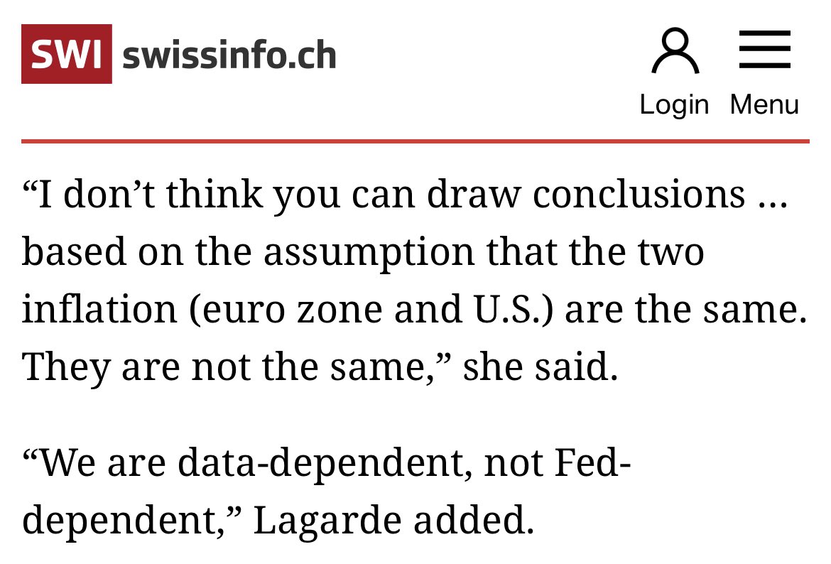 Christine @Lagarde declares full independence from the Fed. Cheeky comment about being ‘data dependent’. Does the @ecb realise that the Fed has become overly politicised? And that US monetary and fiscal policy move in opposite directions? Looks like it. 🇪🇺🏦