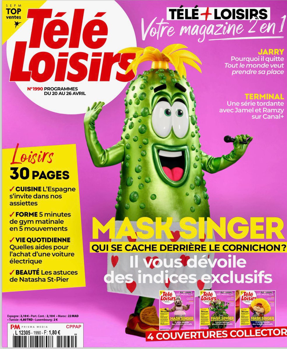 En Une de @TeleLoisirs 4 couvertures collector avec 4 personnalités de la nouvelle saison de @MaskSinger_TF1 👍 Interviews et indices exclusifs des 4 personnages #Léopard #Hippopotame #Hamster #Cornichon Rdv dès le vendredi 03/05 @TF1 @CamilleCombal