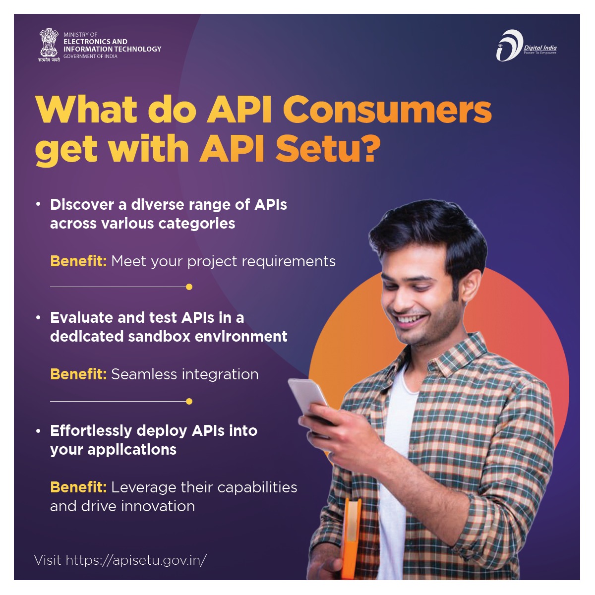 Did you know that @GoI_MeitY provides a diverse range of #APIs for almost all kinds of government work? Visit apisetu.gov.in #DigitalIndia #APISetu
