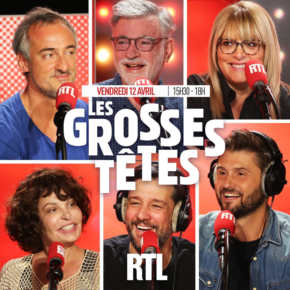 Bonjour à tous ! Découvrez Les Grosses Têtes de vendredi 12 avril. Autour de @ruquierofficiel aujourd'hui : 🔞 #SébastienThoen 🎭 @IsaMergault 🎙️ @Tof_Beaugrand 💎 @CarolineDiament 😂 @Titoff_ 📚 #OlivierBellamy 📻 Coup d'envoi de l'émission 👉 15h30 sur RTL